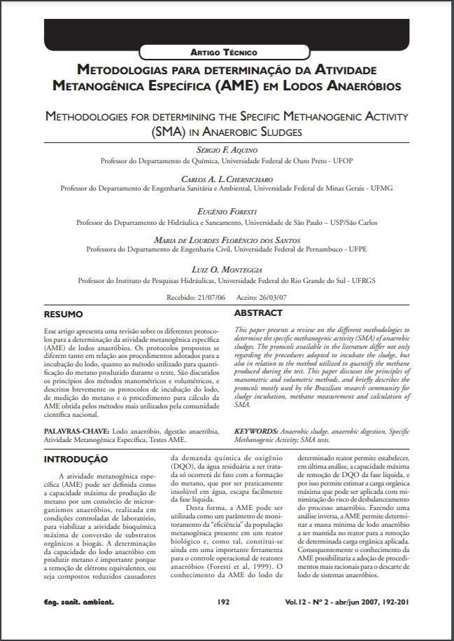 Capa do material: Artigo - Metodologias para determinação da atividade metanogênica específica (AME) em lodos anaeróbios